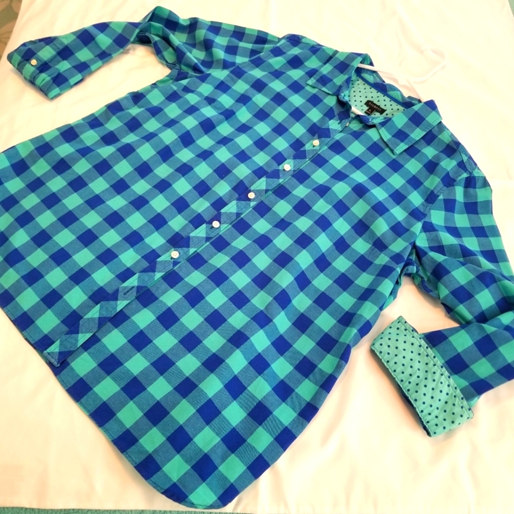 Talbots Royal blue and Teal checked blouse with polka dot inside cuff - size XL